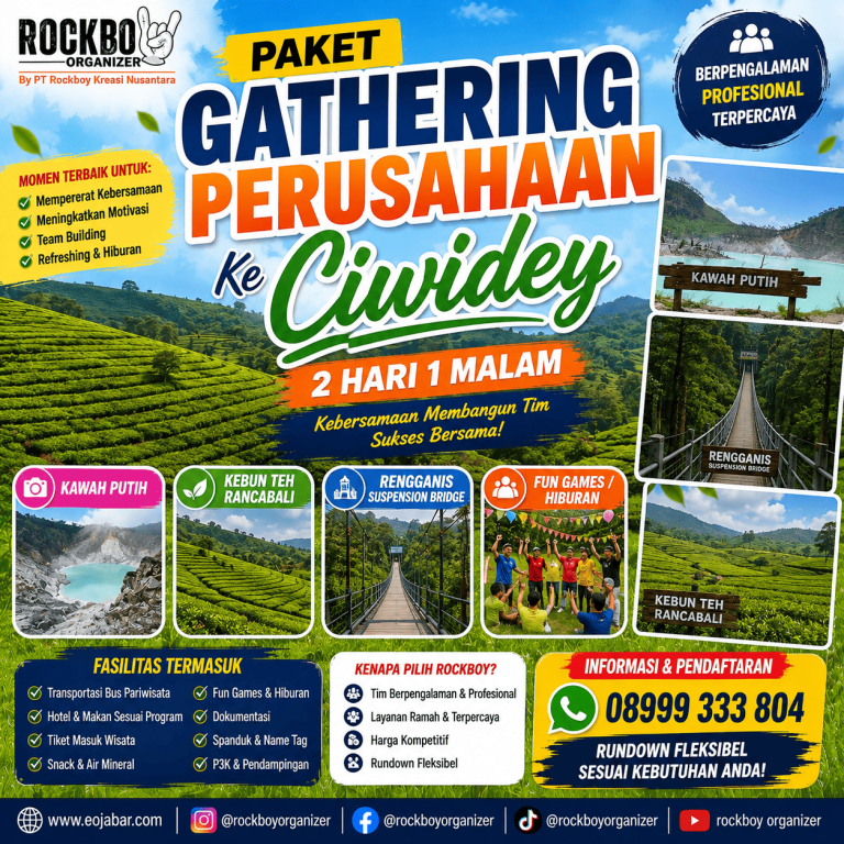 Paket gathering perusahaan ke Ciwidey dengan wisata Kawah Putih, Kebun Teh Rancabali, Rengganis Suspension Bridge dan fun games