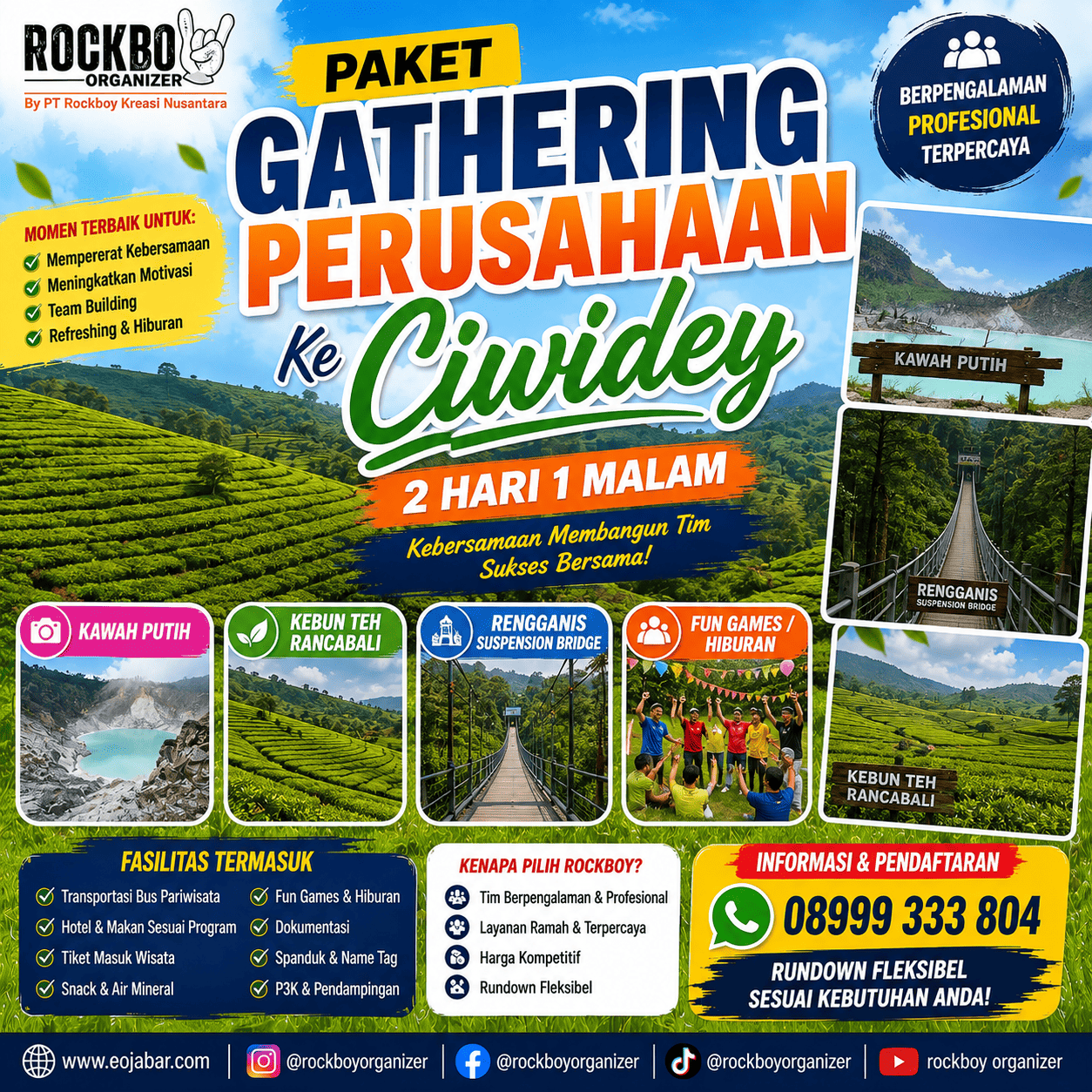 Paket gathering perusahaan ke Ciwidey dengan wisata Kawah Putih, Kebun Teh Rancabali, Rengganis Suspension Bridge dan fun games