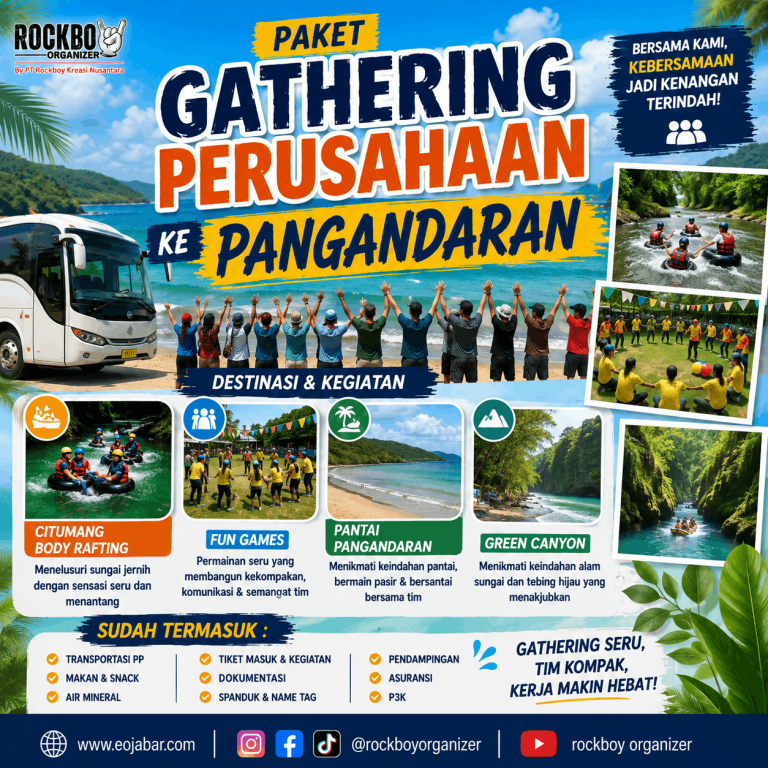 Paket gathering perusahaan ke Pangandaran dengan Citumang Body Rafting, Pantai Pangandaran, Green Canyon dan fun games