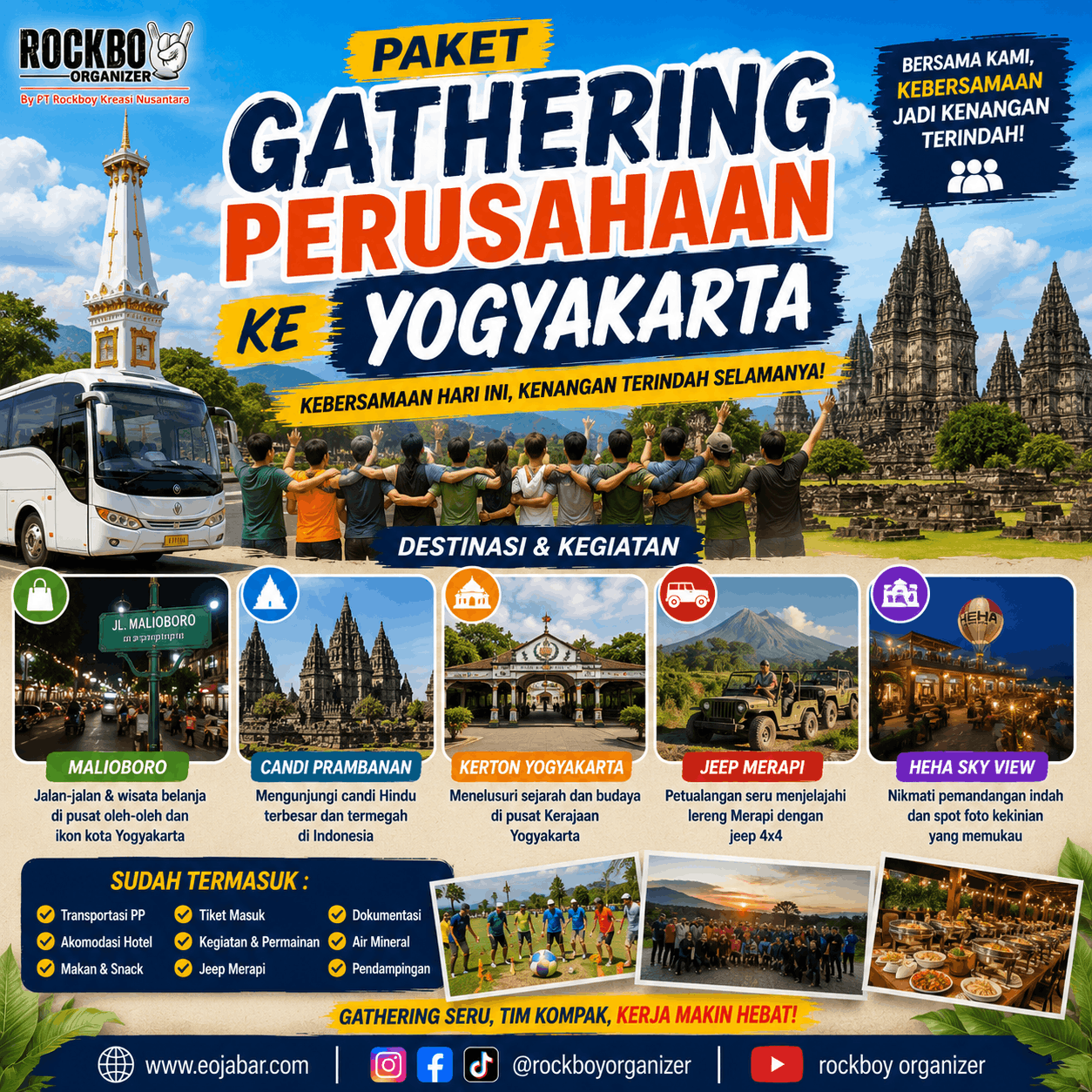 Paket gathering perusahaan ke Yogyakarta dengan Malioboro, Candi Prambanan, Keraton Yogyakarta, Jeep Merapi dan HeHa Sky View
