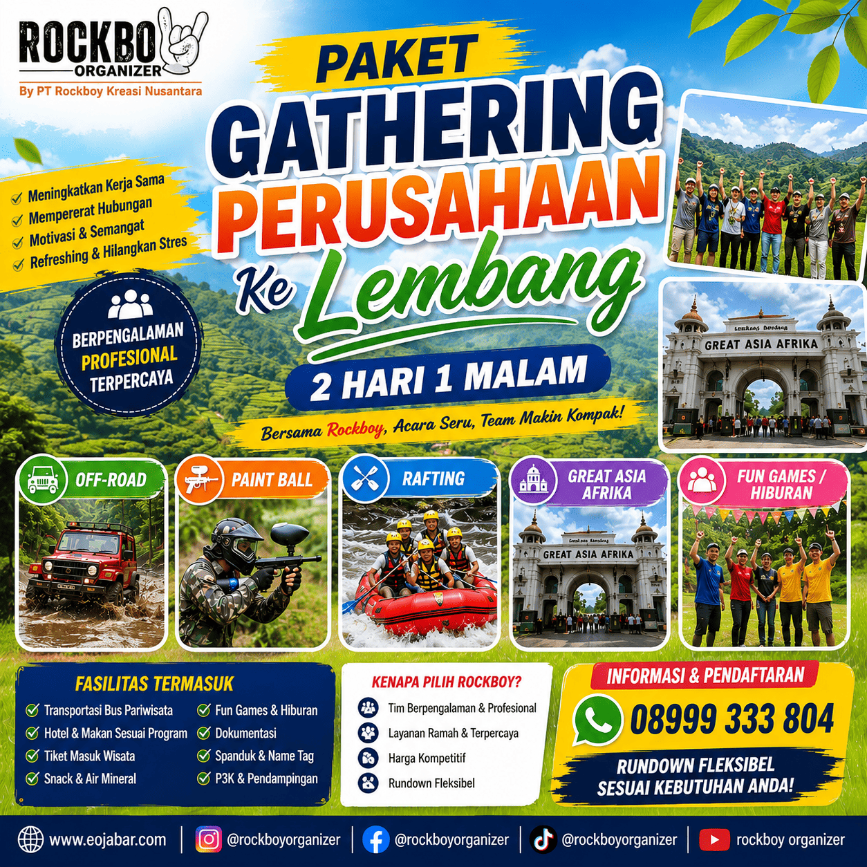 Paket gathering perusahaan ke Lembang 2 hari 1 malam dengan kegiatan off-road, paintball, rafting, Great Asia Afrika dan fun games