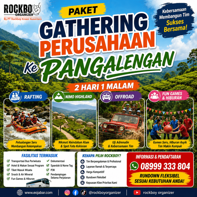 Paket gathering perusahaan ke Pangalengan 2 hari 1 malam dengan rafting, Nimo Highland, off-road dan fun games