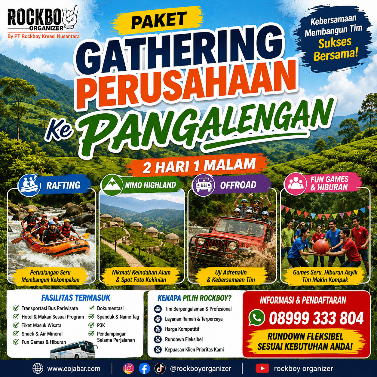 Paket gathering perusahaan ke Pangalengan 2 hari 1 malam dengan rafting, Nimo Highland, off-road dan fun games