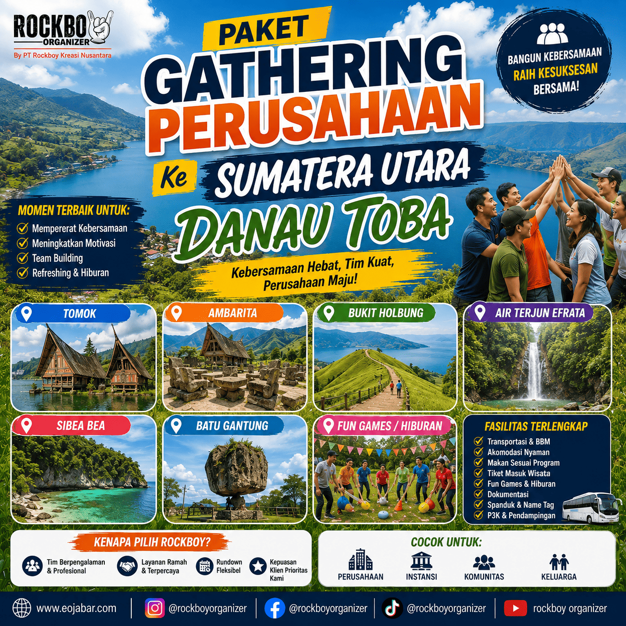 Paket gathering perusahaan ke Danau Toba Sumatera Utara dengan wisata Tomok, Ambarita, Bukit Holbung, Efrata, Sibea Bea dan Batu Gantung